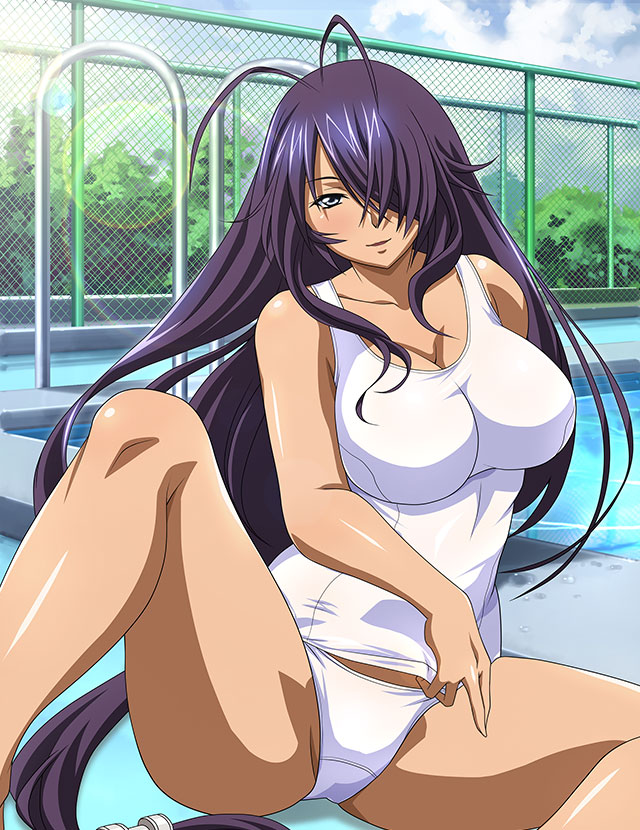 1girl antenna_hair bare_arms bare_legs breasts cleavage collarbone day fence grey_eyes hair_ornament ikkitousen kan'u_unchou large_breasts lens_flare long_hair looking_at_viewer old_school_swimsuit one-piece_swimsuit outdoors parted_lips pool_ladder poolside purple_hair school_swimsuit shiny shiny_hair shiny_skin sitting smile solo spread_legs swimsuit very_long_hair white_one-piece_swimsuit