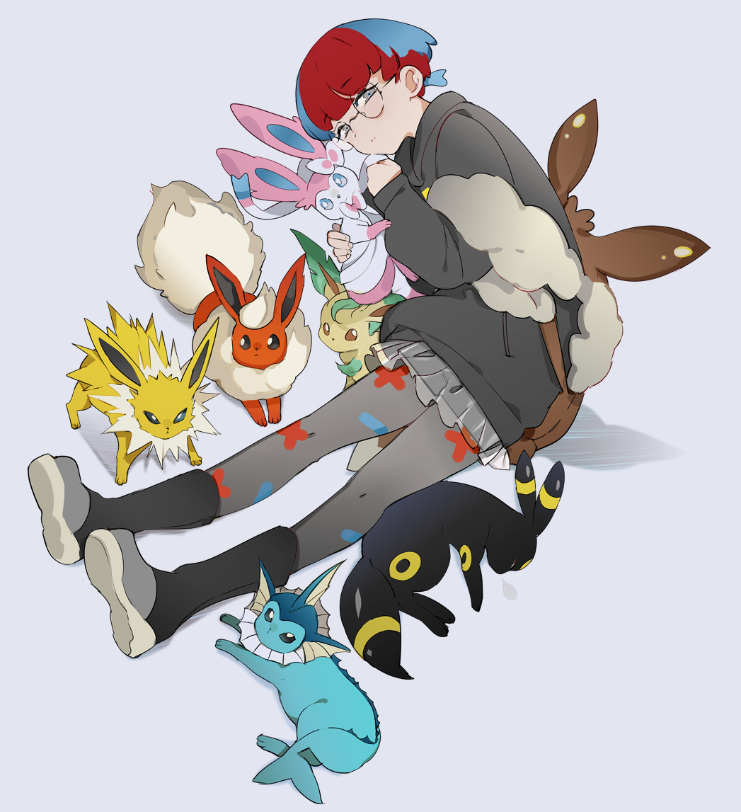1girl black_footwear black_hoodie blue_hair boots character_doll eevee flareon full_body glasses grey_pantyhose grey_skirt hood hoodie jolteon leafeon long_hair looking_at_viewer multicolored_hair pantyhose penny_(pokemon) pleated_skirt pokemon pokemon_(creature) pokemon_(game) pokemon_sv red_hair round_eyewear see-through see-through_skirt simple_background skirt solo suou sylveon two-tone_hair umbreon vaporeon white_background
