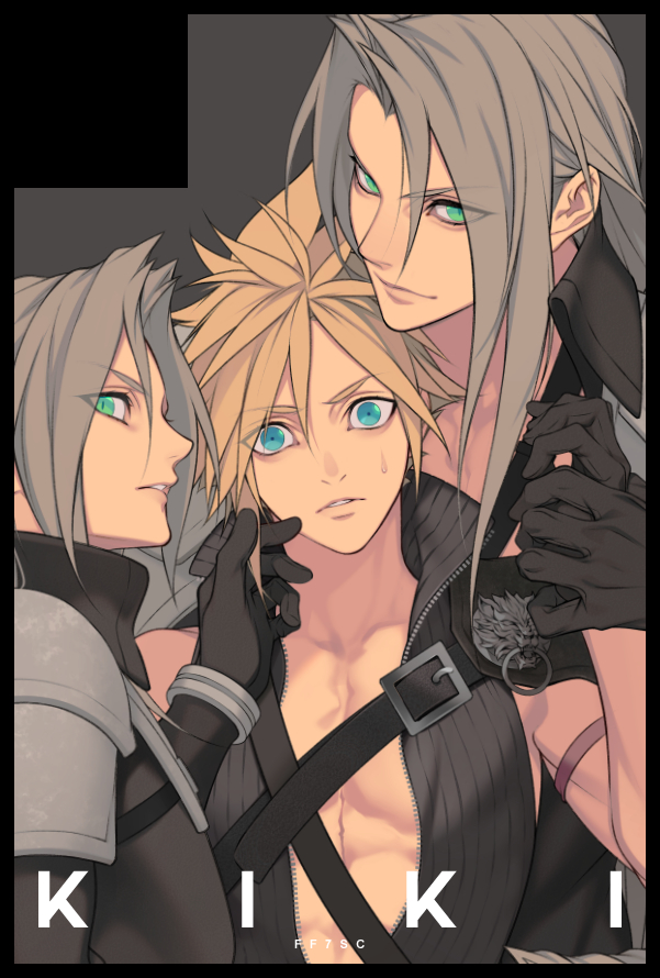 3boys arm_ribbon armor bangs black_gloves black_jacket blonde_hair blue_eyes chest_strap cloud_strife final_fantasy final_fantasy_vii final_fantasy_vii_advent_children final_fantasy_vii_ever_crisis gloves green_eyes grey_hair hair_between_eyes hand_in_another's_hair holding_hands jacket kiki_lala long_bangs long_hair looking_at_viewer male_focus multiple_boys parted_bangs parted_lips pink_ribbon ribbon sephiroth short_hair shoulder_armor spiked_hair sweatdrop time_paradox upper_body wide-eyed wolf yaoi