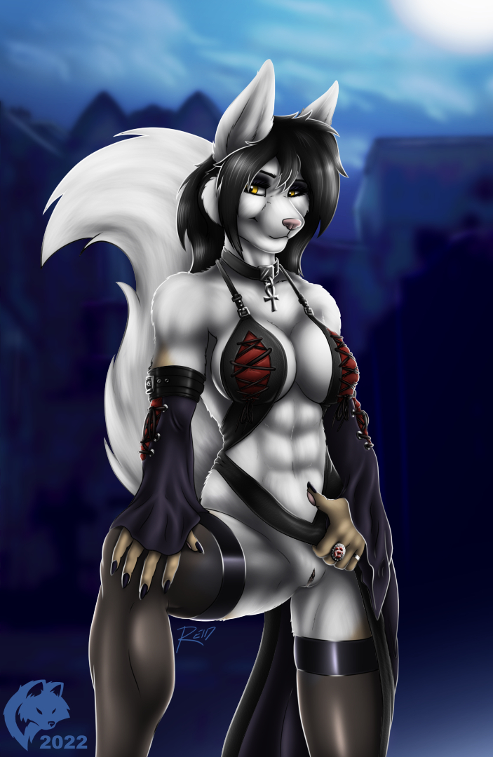 2022 5_fingers abs ankh ankh_choker anthro armwear athletic athletic_anthro athletic_female black_hair blurred_background breasts canid canine canis choker claws cleavage clothed clothing clothing_aside daphne_dress digit_ring digital_media_(artwork) dress dress_aside female finger_claws finger_ring fingers fur genitals ghostwolf goth hair humanoid_hands jackal jewelry legwear light looking_at_viewer mammal meme meme_clothing moonlight navel necklace night no_underwear pink_nose pussy shaded shakattax shemaya_ure signature smile solo stockings thigh_highs white_body white_fur