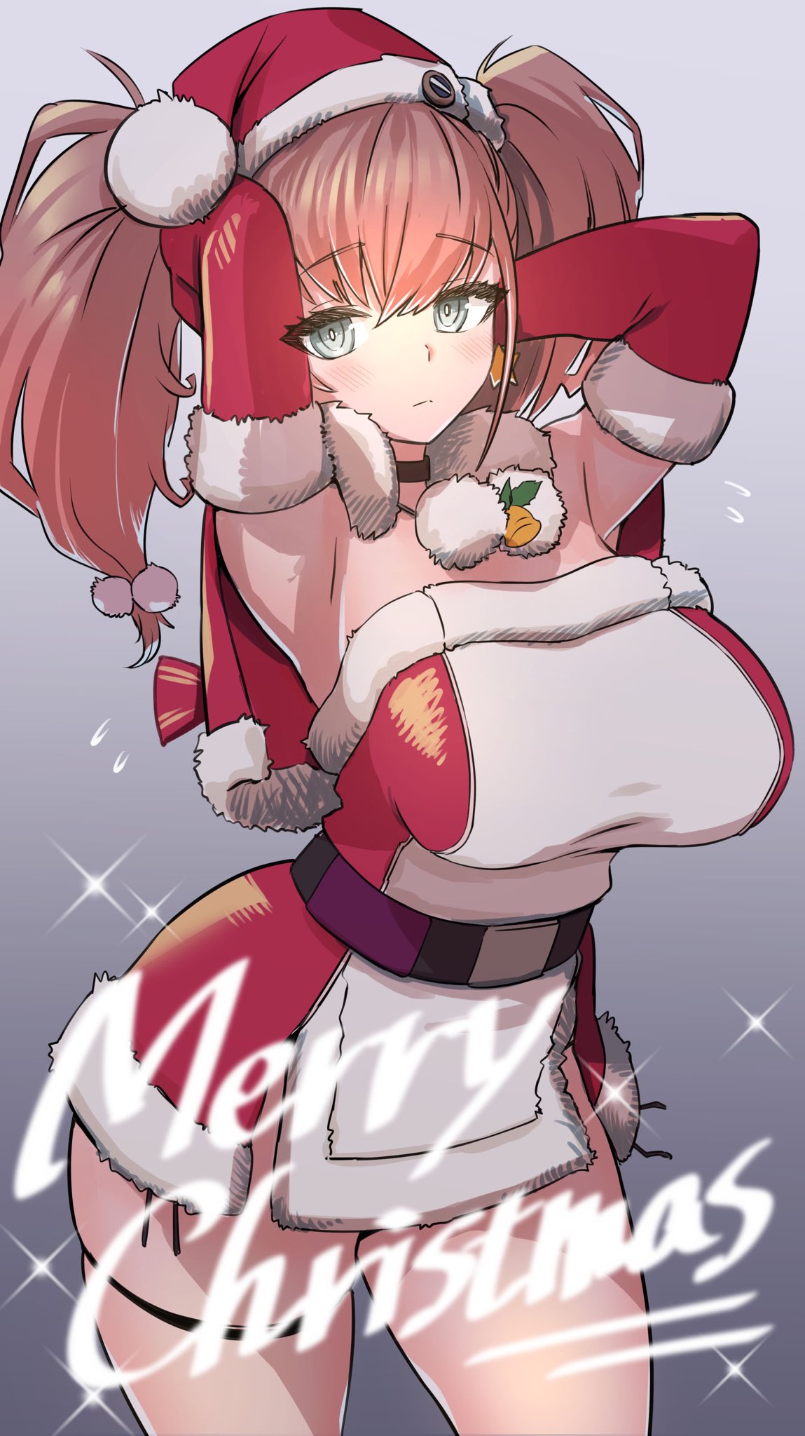 1girl asava_(hutaitenn) atlanta_(kancolle) bad_anatomy bad_arm bell breasts brown_hair christmas closed_mouth cowboy_shot earrings elbow_gloves flying_sweatdrops gloves gradient gradient_background grey_eyes hat highres jewelry kantai_collection large_breasts long_hair merry_christmas neck_bell official_alternate_costume red_gloves red_headwear santa_gloves santa_hat single_earring solo sparkle star_(symbol) star_earrings thigh_strap two_side_up