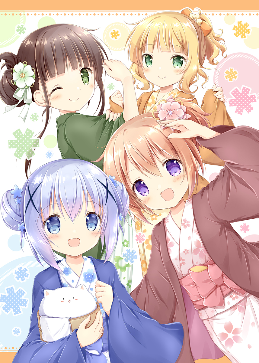 4girls :d ;) angora_rabbit animal bangs blonde_hair blue_eyes blue_flower blue_hair bow brown_hair closed_mouth commentary_request double_bun floral_print flower gochuumon_wa_usagi_desu_ka? green_eyes hair_between_eyes hair_bow hair_bun hair_flower hair_ornament highres hoto_cocoa japanese_clothes kafuu_chino kimono kirima_syaro long_sleeves multiple_girls nanase_miori obi one_eye_closed open_clothes orange_bow pinching_sleeves pink_flower ponytail print_kimono purple_eyes rabbit sash sleeves_past_wrists smile tippy_(gochiusa) ujimatsu_chiya white_background white_flower white_kimono wide_sleeves x_hair_ornament