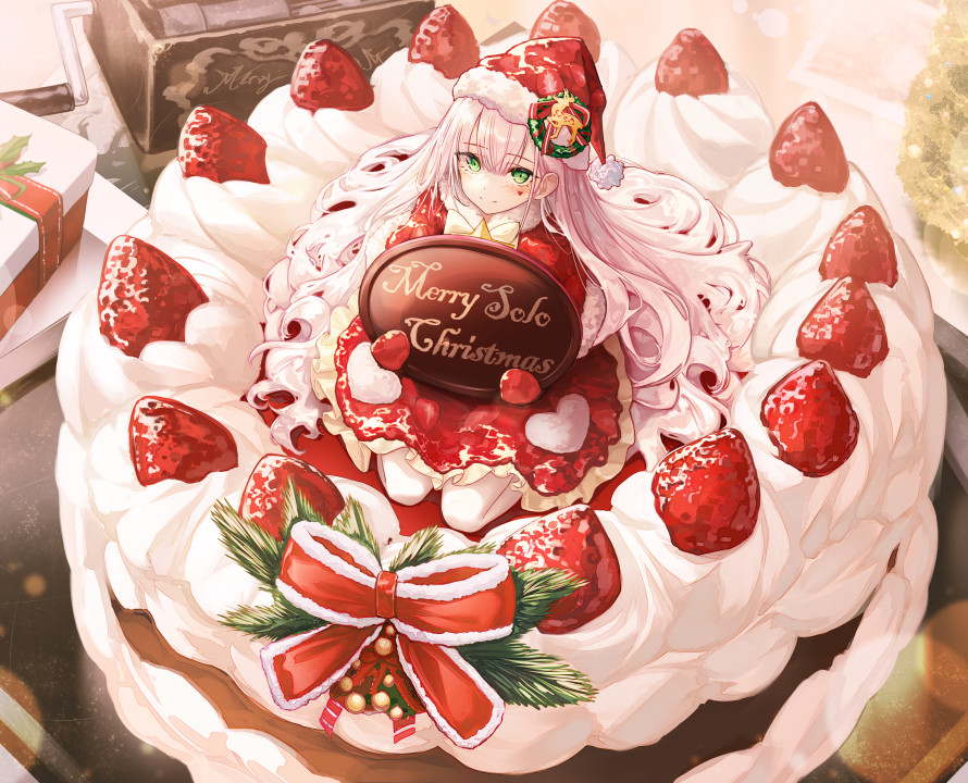 1girl bangs blush bow box cake capelet christmas christmas_wreath closed_mouth commentary dress english_commentary eyelashes facial_mark food frilled_dress frills from_above fruit fur-trimmed_capelet fur-trimmed_headwear fur_trim gift gift_box green_eyes h2o_(dfo) hair_between_eyes hat heart heart_facial_mark holding holding_sign lens_flare long_hair looking_at_viewer merry_christmas minigirl mittens original pantyhose pink_hair red_bow red_capelet red_dress red_mittens red_ribbon ribbon santa_hat sidelocks sign sitting smile solo strawberry very_long_hair white_headwear white_pantyhose