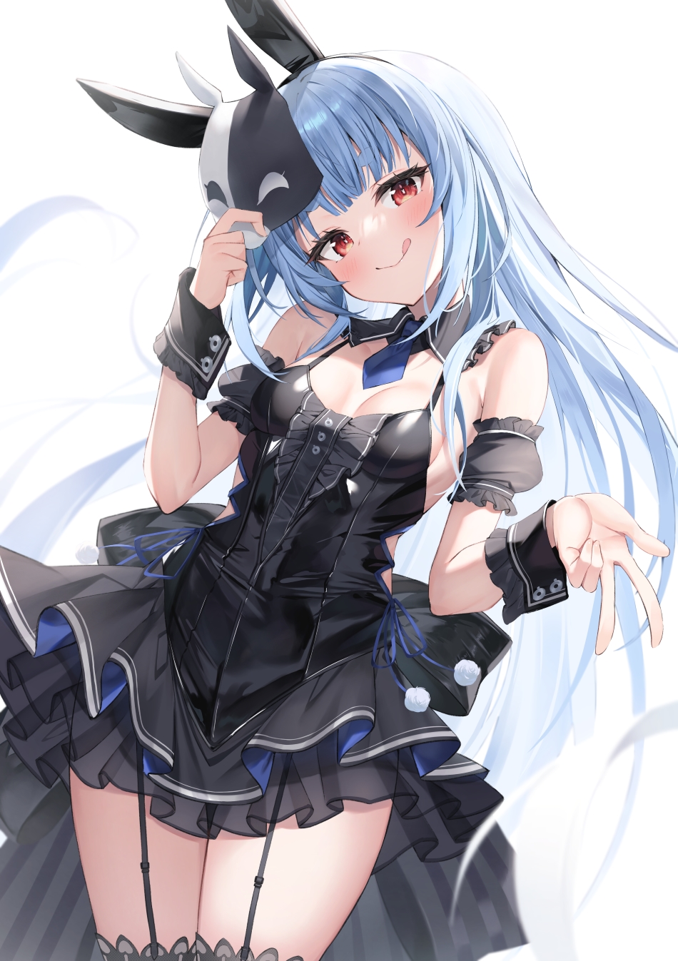 1girl :q animal_ears bangs black_dress blue_hair blush breasts bunny_mask closed_mouth detached_sleeves dress fake_animal_ears floating_hair garter_straps highres holding holding_mask hololive long_hair looking_at_viewer mask puffy_short_sleeves puffy_sleeves rabbit_ears red_eyes shirakawa4869 short_sleeves simple_background sleeves_past_wrists small_breasts solo tongue tongue_out usada_pekora v very_long_hair virtual_youtuber white_background
