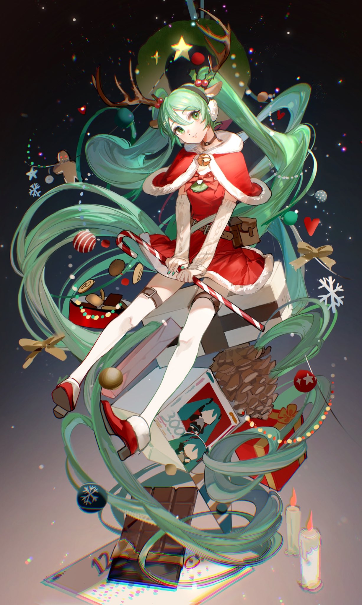 1girl absurdly_long_hair animal_ears antlers bag bangs bell belt belt_buckle blush boots box breasts brown_belt buckle calendar_(object) candle capelet caustics chocolate choker christmas christmas_lights christmas_wreath closed_mouth commentary cookie deer_ears detached_sleeves earmuffs figure floating floating_hair food full_moon gift gift_box gingerbread_man gradient gradient_background green_eyes green_hair hair_between_eyes hair_ornament hatsune_miku heart high_heel_boots high_heels highres holly_hair_ornament jingle_bell kneehighs long_hair long_sleeves looking_at_viewer moon ornament pinecone_(arknights) red_ribbon reindeer_antlers ribbon rumoon santa_costume satchel sitting smile snowflakes socks solo solo_focus sparkle sweater symbol-only_commentary twintails very_long_hair vocaloid white_socks