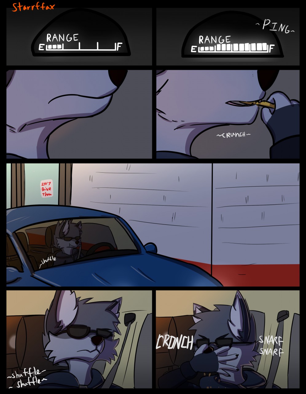 anthro black_nose canid canine car comic dipstick_ears eating english_text eyewear fox fuel_gauge fur grey_body grey_fur hi_res inside_car male mammal multicolored_ears sitting solo starrffax starrffax_(fox_sona) sunglasses text vehicle