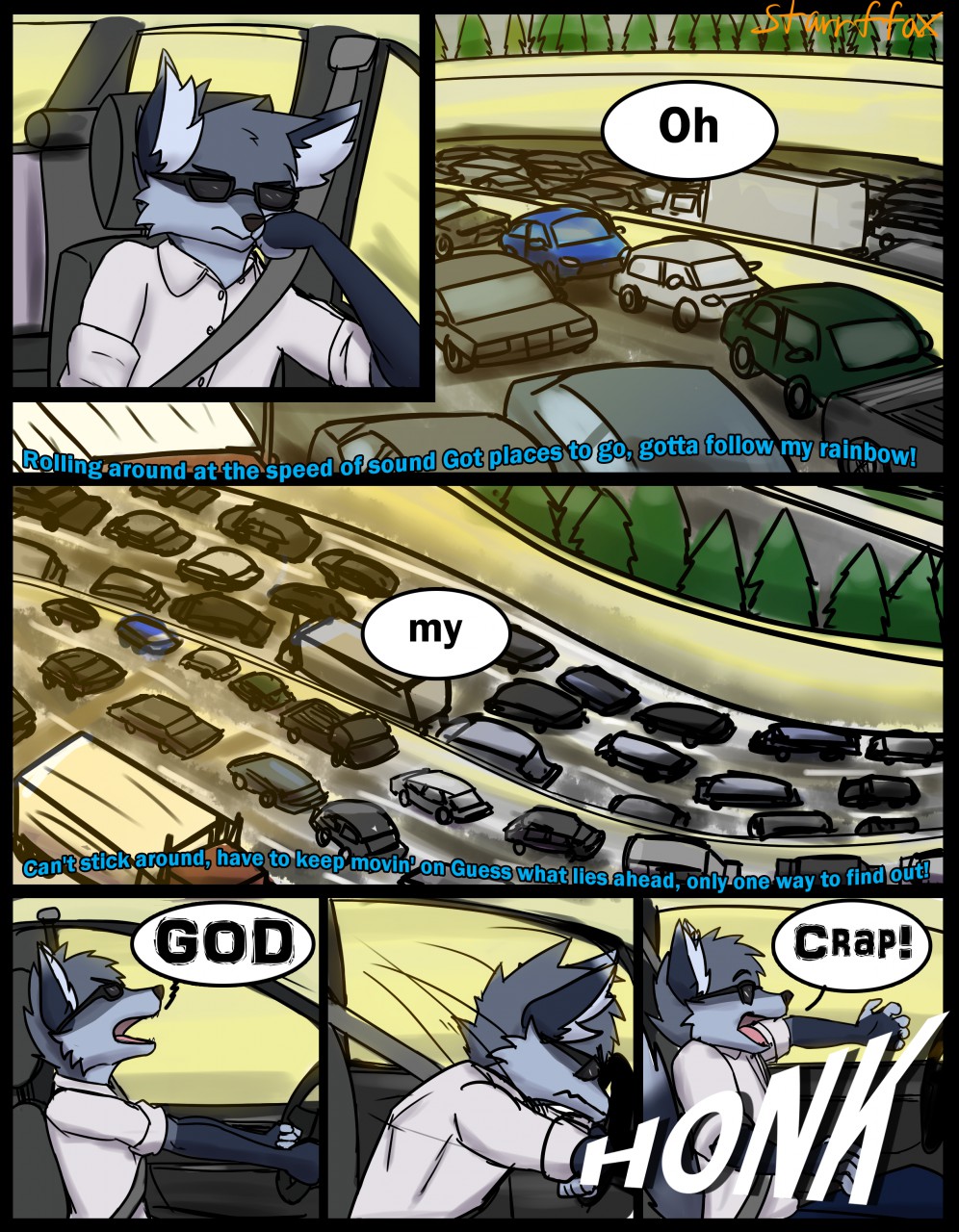 anthro black_border border canid canine car clothing comic dialogue driving english_text eyewear fox fur grey_body grey_fur hi_res inside_car male mammal outside plant shirt solo starrffax starrffax_(fox_sona) sunglasses text topwear traffic tree truck_(vehicle) vehicle