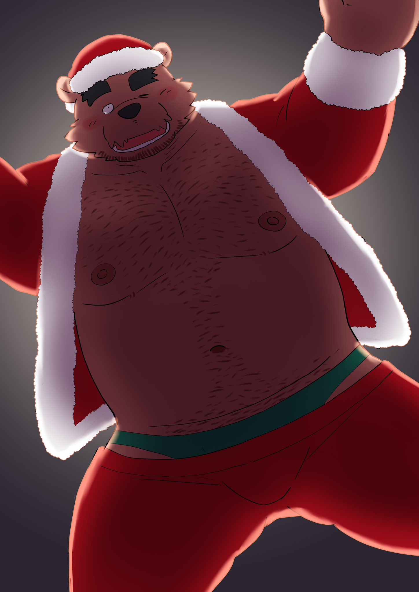 2022 anthro bear belly black_nose blush bottomwear brown_body bulge christmas christmas_clothing christmas_headwear clothing costume hat headgear headwear hi_res holidays kemono kick_(artist) male mammal moobs navel nipples one_eye_closed overweight overweight_male pants santa_costume santa_hat solo underwear wink