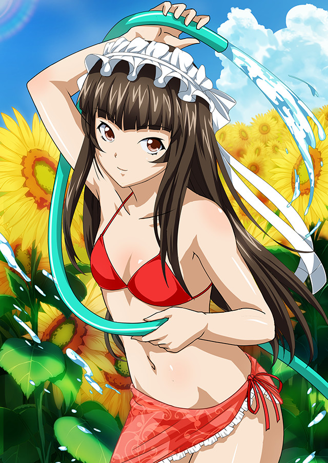 1girl arm_up bikini blue_sky bow breasts brown_eyes brown_hair cleavage closed_mouth cloud collarbone cowboy_shot day flower groin hair_bow hair_ribbon hose ikkitousen long_hair navel outdoors red_bikini ribbon sarong shiny shiny_hair side-tie_bikini_bottom sky small_breasts smile solo standing sunflower swimsuit ten'i_(ikkitousen) very_long_hair white_bow white_ribbon yellow_flower