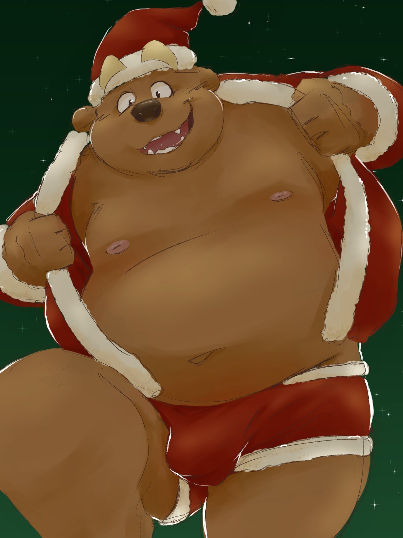 0ottotto0 2022 anthro bear belly big_belly bottomwear brown_body christmas christmas_clothing christmas_headwear clothing hat headgear headwear hi_res holidays humanoid_hands kemono male mammal moobs navel nipples overweight overweight_male santa_hat shorts solo