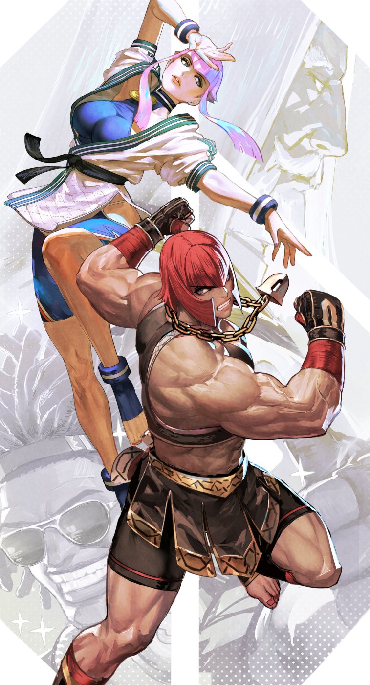 2boys 2girls abs bangs belt biceps black_belt black_gloves black_sports_bra blunt_bangs breasts chain chain_necklace dee_jay dougi dreadlocks facial_hair fingerless_gloves gloves gold_chain green_eyes grin halterneck highres hip_vent jewelry johann_pavlovich leotard manon_(street_fighter) marisa_(street_fighter) martial_arts_belt multiple_boys multiple_girls muscular muscular_female mustache necklace off_shoulder okojo pink_hair red_hair short_hair short_hair_with_long_locks shorts shorts_under_skirt skirt smile sports_bra street_fighter street_fighter_6 sunglasses