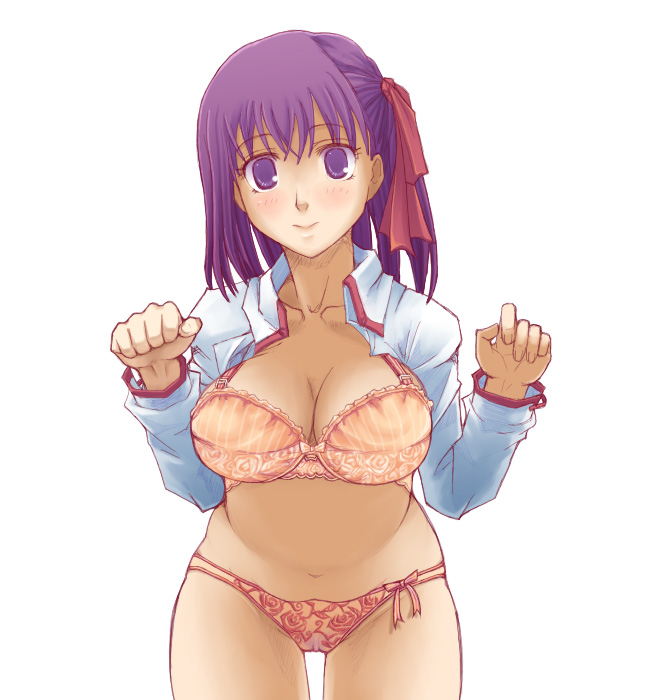 blue_(ao_maru) bra breasts cleavage fate/stay_night fate_(series) large_breasts lingerie matou_sakura open_clothes open_shirt panties purple_eyes purple_hair shirt solo underwear