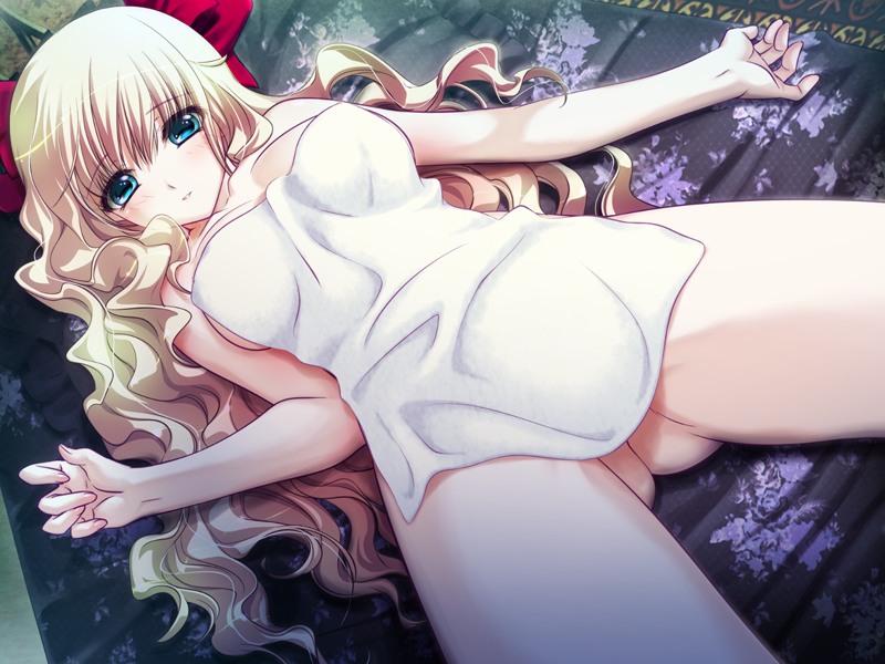 1girl blonde_hair blue_eyes game_cg hell_guide long_hair m_no_violet solo towel