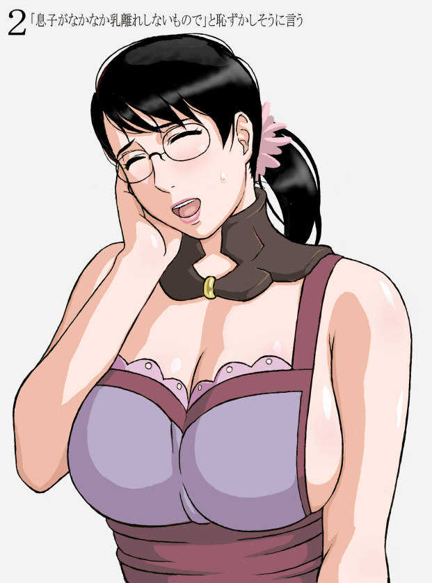 apron black_hair blush breasts cattleya cleavage closed_eyes eyes_closed female flower glasses hair_ornament hand_on_face hand_on_own_face housewife large_breasts milf open_mouth ponytail queen's_blade queen's_blade short_hair sideboob smile solo sweat white_background x_bokkis