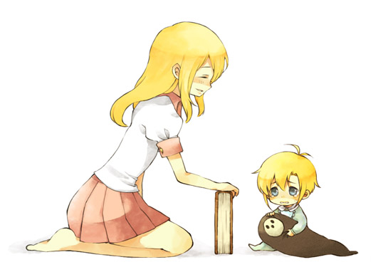 1boy 1girl ada_(blazblue) ada_clover arakune arc_system_works baby barefoot blazblue blazblue:_calamity_trigger blonde_hair blue_eyes book brother_and_sister carl_clover crying doll eyes_closed feet female long_hair male miniskirt moco_(pixiv815965) shirt short_hair siblings sitting skirt tears white_shirt