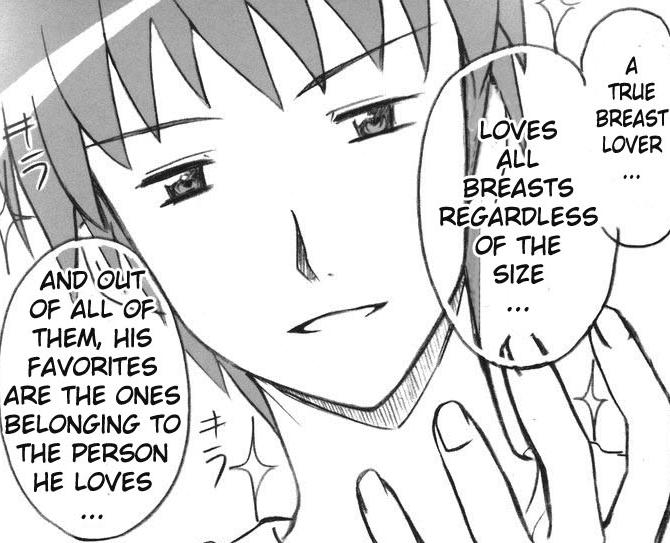 breasts flat_chest gigantic_breasts huge_breasts kyon large_breasts monochrome philosophy small_breasts suzumiya_haruhi_no_yuuutsu translated truth