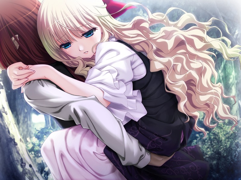 1boy 1girl blonde_hair blue_eyes curly_hair game_cg hair_ribbon hell_guide long_hair m_no_violet outdoors pointy_ears ribbon