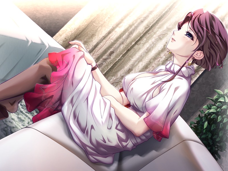1girl blue_eyes breasts brown_hair dutch_angle game_cg hell_guide indoors m_no_violet solo
