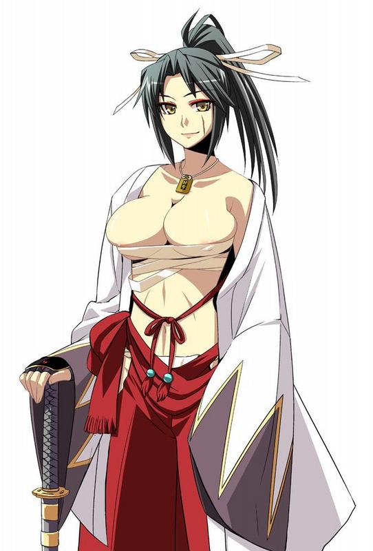 1girl artist_request bandage bandages black_hair breasts charm charm_necklace collarbone female hair_ribbon ichimedoo japanese_clothes jewelry katana kimono large_breasts light_smile long_hair looking_at_viewer midriff necklace nipple_slip nipples off_shoulder open_clothes open_shirt original ponytail ribbon sarashi scar shirt simple_background smile solo standing sword sword_man weapon white_background yellow_eyes