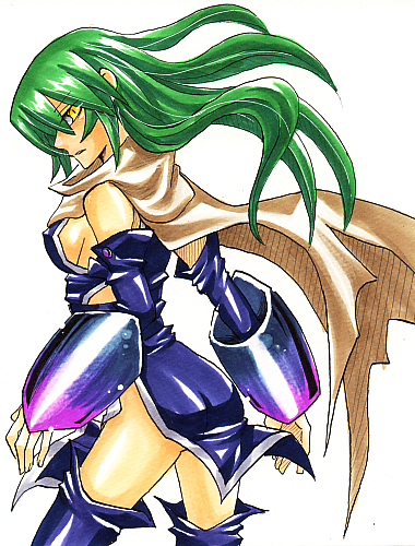 armor aruka_schild breasts cape green_eyes green_hair long_hair lowres needless sideboob thighhighs