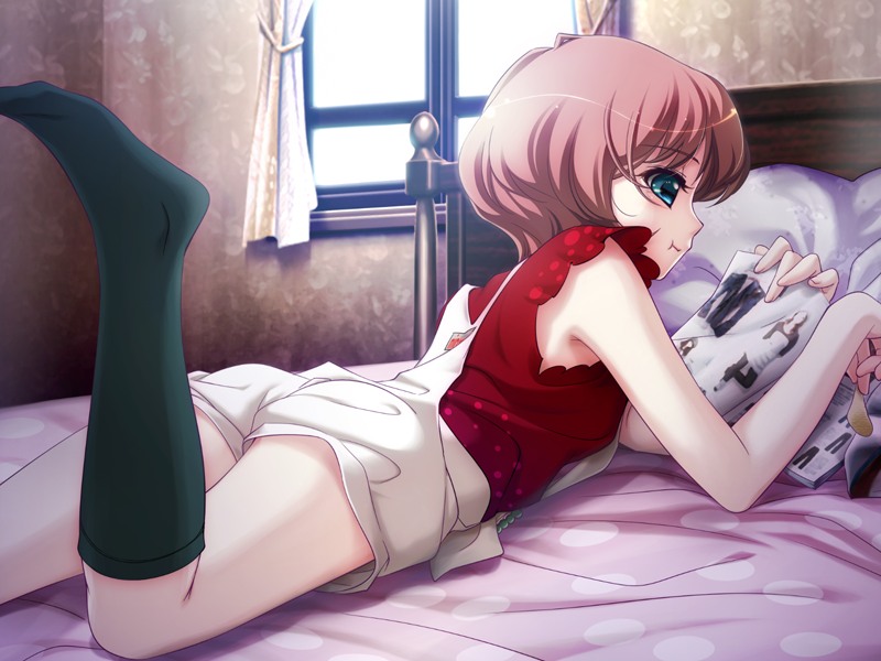 1girl aqua_eyes ass bed bed_sheet bob_cut brown_hair curtains eating food footwear game_cg hell_guide indoors kiriyama_mai kneehighs lying m_no_violet on_stomach overalls pillow reading sheets short_hair socks solo window