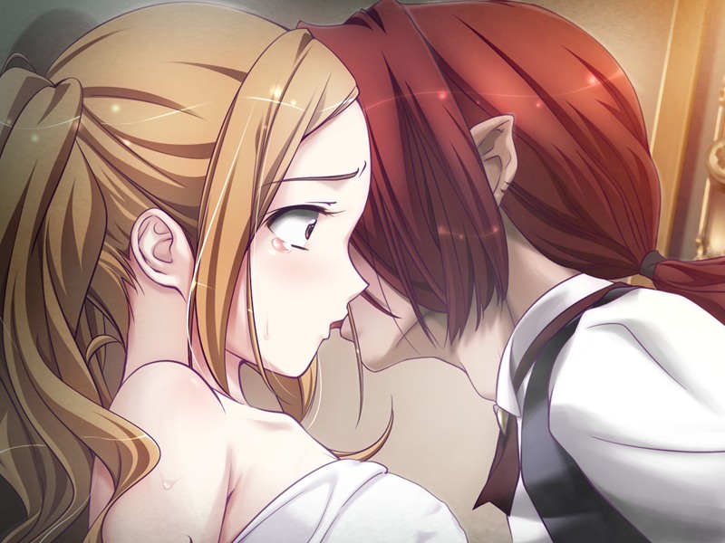 1boy 1girl brown_eyes brown_hair game_cg hell_guide indoors kiss m_no_violet red_hair tears tongue towel twintails