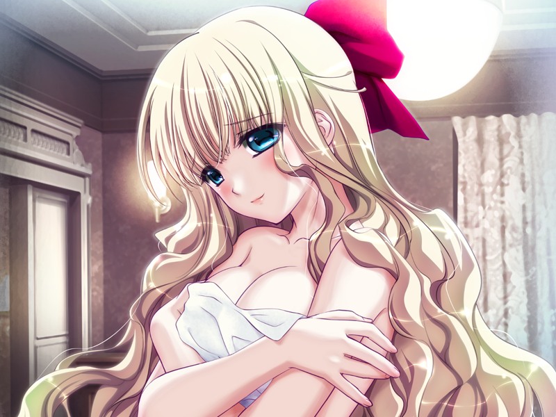 1girl blonde_hair blue_eyes breasts cleavage game_cg hell_guide indoors long_hair m_no_violet solo
