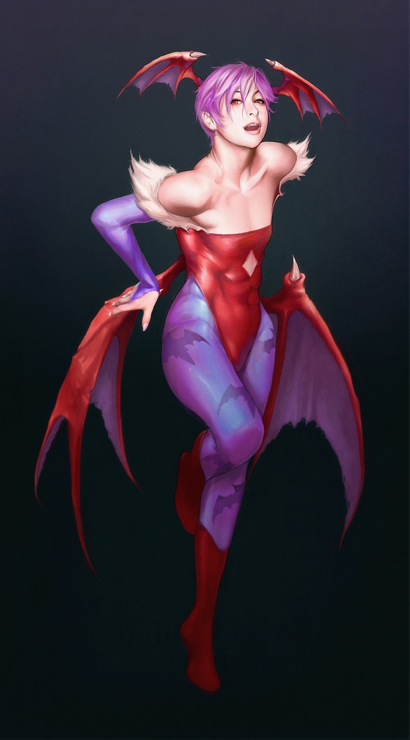 abs animal_print bare_shoulders bat_print bat_wings demon_girl elbow_gloves flat_chest gloves head_wings highres leotard lilith_aensland lips omu_upied open_mouth pantyhose print_legwear purple_hair realistic red_eyes red_leotard short_hair solo succubus vampire_(game) wings