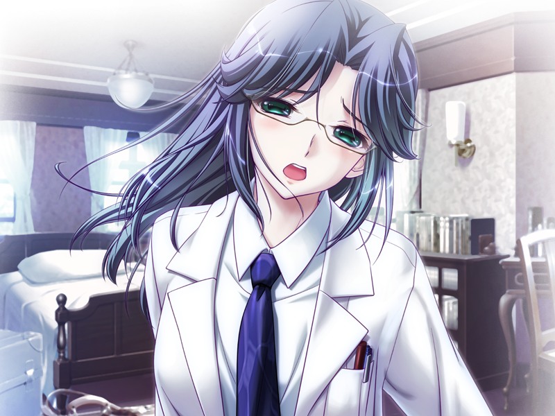 1girl androgynous ayatsuji_ryou bed blue_hair blush chair curtain curtains doctor embarrassed game_cg glasses green_eyes grey_hair hell_guide indoors labcoat long_hair m_no_violet necktie open_mouth pen pillow reverse_trap santa_maria santa_matsuri solo tomboy window