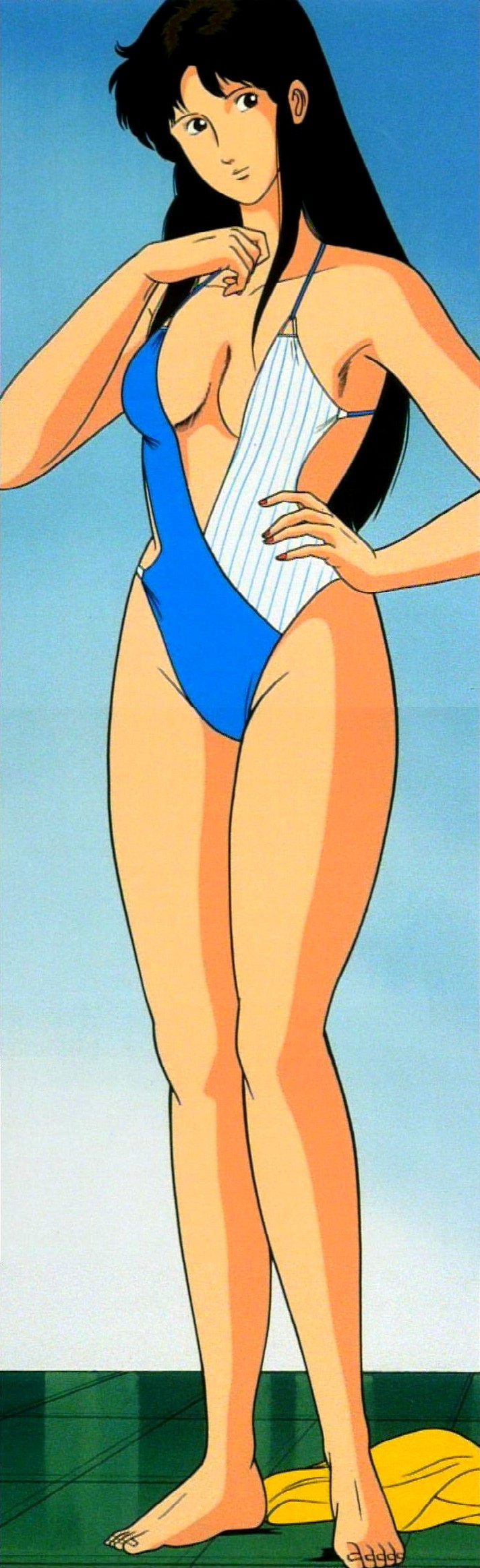 1girl 80's 80's 80s bare_legs barefoot breasts cap cat's_eye cat's_eye cleavage female highres kisugi_hitomi long_image oldschool screencap standing stitched sugino_akio swimsuit tall_image