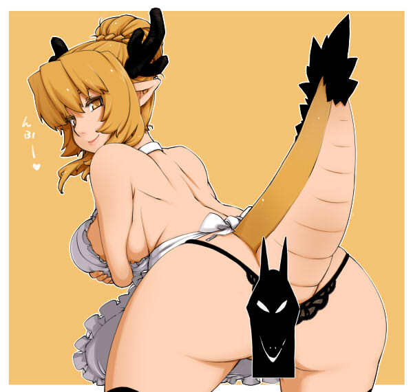apron ass bad_id bad_pixiv_id blonde_hair censored dameyo dragon_girl monster_girl naked_apron solo thighhighs yellow_eyes