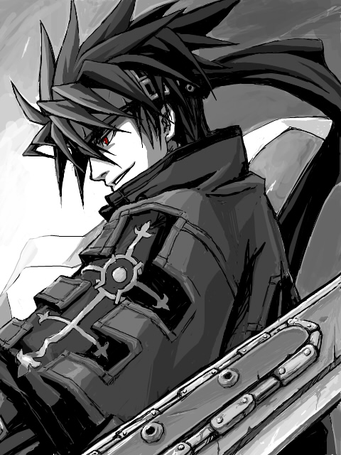 arc_system_works guilty_gear headband monochrome red_eyes sol_badguy sword weapon