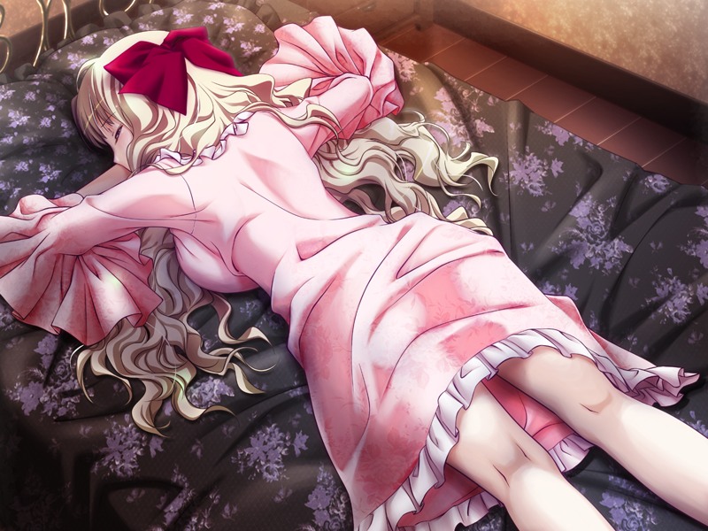 1girl blonde_hair game_cg hell_guide indoors long_hair m_no_violet sleeping solo