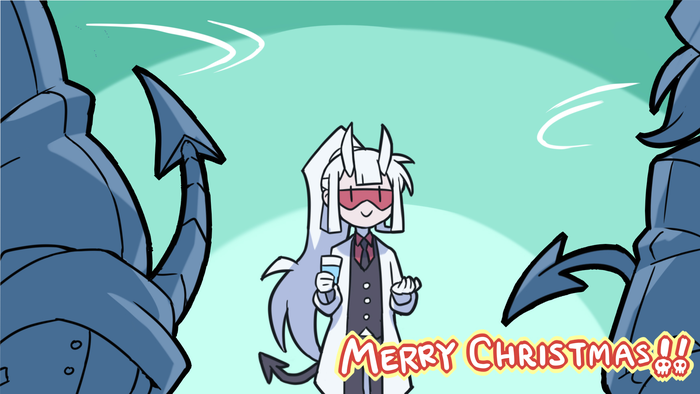 ! !! 1boy 2girls cup demon_girl demon_horns demon_tail drinking_glass english_text helltaker holding holding_cup horns kyo-hei_(kyouhei) long_hair loremaster_(helltaker) lucifer_(helltaker) merry_christmas multiple_girls multiple_views skull smile subject_67_(helltaker) sunglasses tail turnaround water