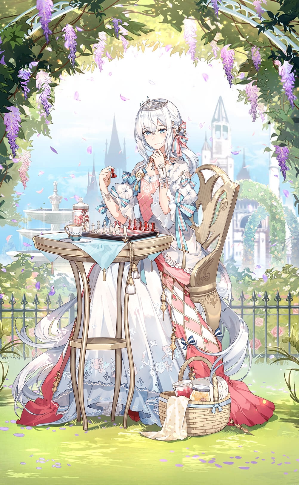 1girl arch argyle basket battenberg_cake_(food_fantasy) blue_eyes blue_ribbon board_game braid candy_jar castle chair chess chess_piece chessboard cup dress falling_petals floral_arch floral_print flower food_fantasy fountain french_braid full_body gown grass hair_between_eyes hair_ornament hair_ribbon hand_on_own_chin highres holding holding_chess_piece jam jar long_hair looking_at_viewer low_twintails multicolored_clothes multicolored_dress official_art petals pink_dress pink_flower pink_ribbon pink_rose plant puffy_short_sleeves puffy_sleeves purple_flower ribbon rose rose_bush saucer short_sleeves sitting smile solo table teacup third-party_source tiara twintails very_long_hair white_dress white_hair wisteria wrist_cuffs