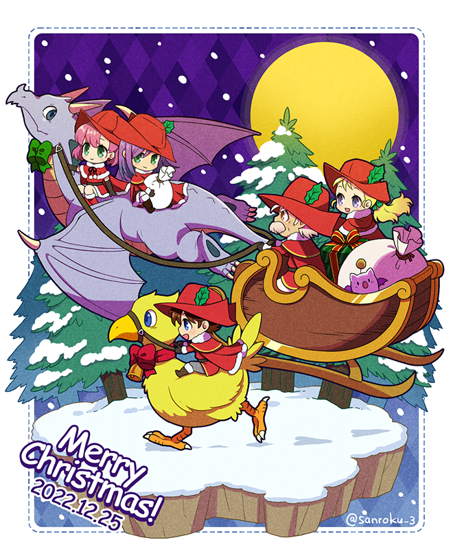 2boys 3girls bag bell blonde_hair blue_eyes boots bow bowtie brown_eyes brown_footwear brown_hair butz_klauser chibi chocobo cloak dated dragon facial_hair faris_scherwiz final_fantasy final_fantasy_v full_moon fur-trimmed_cloak fur-trimmed_gloves fur_trim galuf_halm_baldesion gloves green_bow green_bowtie green_eyes grey_hair grey_pants hat hat_leaf holding holding_reins krile_mayer_baldesion lenna_charlotte_tycoon long_hair mature_male medium_hair merry_christmas mistletoe moogle moon multiple_boys multiple_girls mustache neck_bell open_mouth outdoors pants pine_tree pink_hair ponytail purple_eyes purple_hair red_bow red_bowtie red_cloak red_headwear red_mage reins riding_bird sanroku_3 short_hair sleigh smile snow talons tree twitter_username