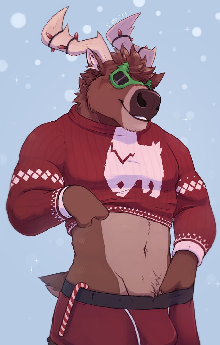 2022 anthro antlers blue_background bulge candy candy_cane capreoline christmas christmas_clothing christmas_lights christmas_sweater christmas_topwear clothed clothing clothing_lift clothing_pull deer dessert dolph_(fortnite) epic_games eyewear food fortnite fur hair holidays horn male mammal muscular muscular_anthro muscular_male navel outside reindeer signature simple_background skaifox smile snow snowing solo standing striptease sunglasses sweater sweater_lift teeth topwear topwear_lift tuft underwear underwear_pull undressing video_games