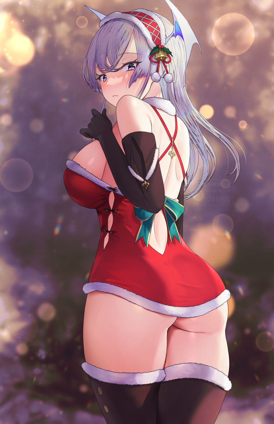 1girl ass bangs black_gloves black_thighhighs blue_eyes blurry blurry_background blush breasts christmas closed_mouth commentary_request from_behind gloves grey_hair hair_ornament highres large_breasts long_hair looking_at_viewer looking_back original solo thighhighs thighs udaruyo