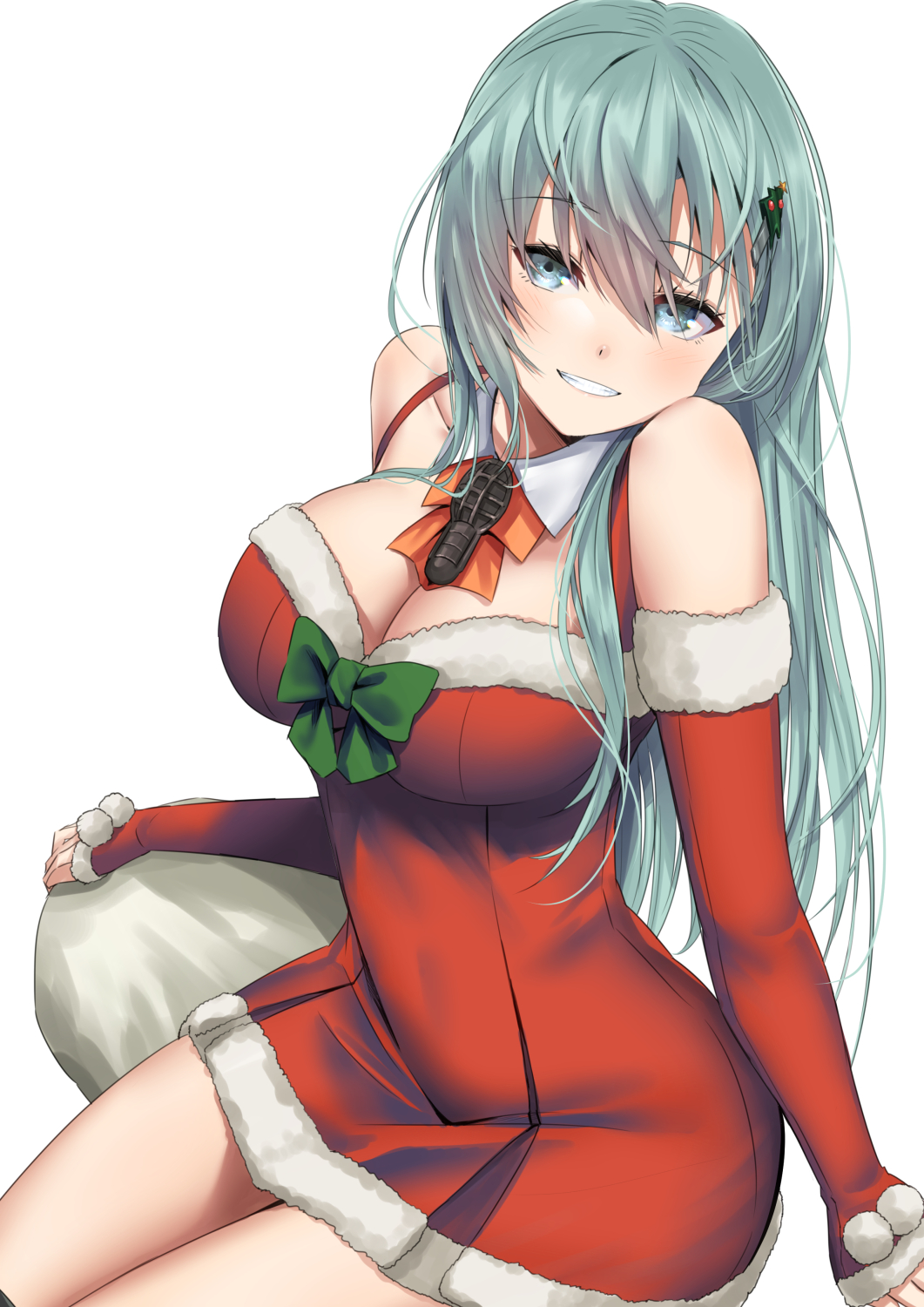 1girl aqua_eyes aqua_hair ascot breasts christmas_tree_hair_ornament detached_collar detached_sleeves dress fur-trimmed_dress fur_trim green_eyes hair_ornament hairclip highres kantai_collection long_hair looking_at_viewer medium_breasts official_alternate_costume red_dress sack santa_dress simple_background solo suzuya_(kancolle) white_background zombie_mogura