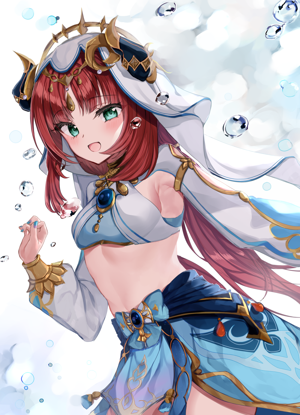 1girl :d armpits bangs blue_bow blue_gemstone blue_nails blue_skirt bow breasts brooch circlet commentary_request cowboy_shot crop_top detached_sleeves fake_horns gem genshin_impact gold_trim green_eyes hakuri_(hakuricot) hand_up harem_outfit highres horns jewelry long_hair long_sleeves looking_at_viewer low_twintails midriff nail_polish neck_ring nilou_(genshin_impact) open_mouth parted_bangs puffy_long_sleeves puffy_sleeves red_hair shrug_(clothing) sidelocks simple_background skirt small_breasts smile solo thighs twintails veil water water_drop white_background white_headwear white_sleeves