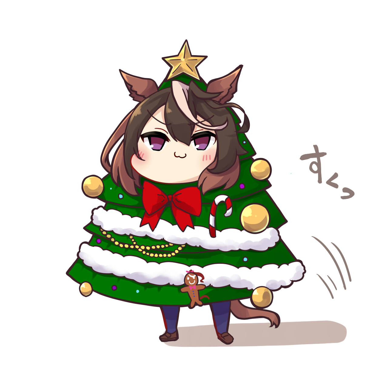 1girl :3 animal_ears bow bowtie brown_hair candy candy_cane chibi christmas_tree christmas_tree_costume doyagao food gingerbread_man highres horse_ears horse_girl horse_tail illuminate_the_heart_(umamusume) long_hair looking_at_viewer multicolored_hair official_alternate_costume purple_eyes red_bow red_bowtie simple_background smug solo soramuko streaked_hair symboli_rudolf_(christmas_emperor_tree)_(umamusume) symboli_rudolf_(umamusume) tail umamusume white_background white_hair