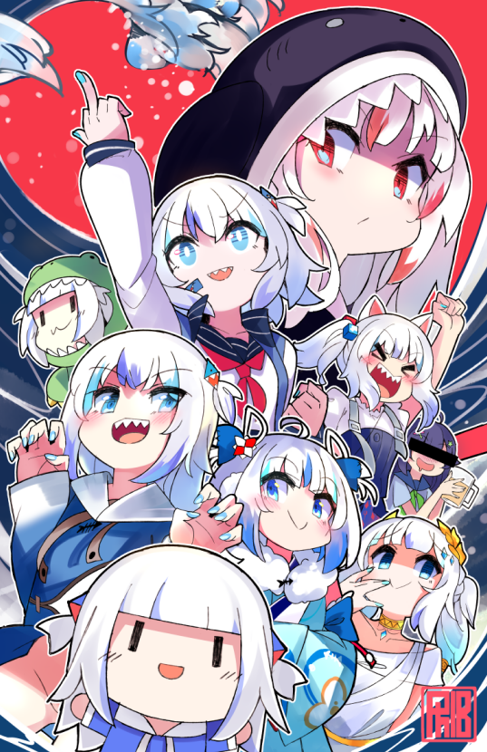 &gt;_&lt; 6+girls :d animal_ears animal_hood arm_up blue_eyes blue_hair blue_nails blue_sailor_collar cat_ears censored chibi claw_pose cup fur_collar gawr_gura hair_ornament holding holding_cup hololive hood identity_censor long_sleeves middle_finger multiple_girls multiple_persona neckerchief phibonnachee red_eyes red_hair red_neckerchief sailor_collar shaded_face shark_hair_ornament shark_hood sharp_teeth side_ponytail smile teeth two_side_up virtual_youtuber xd