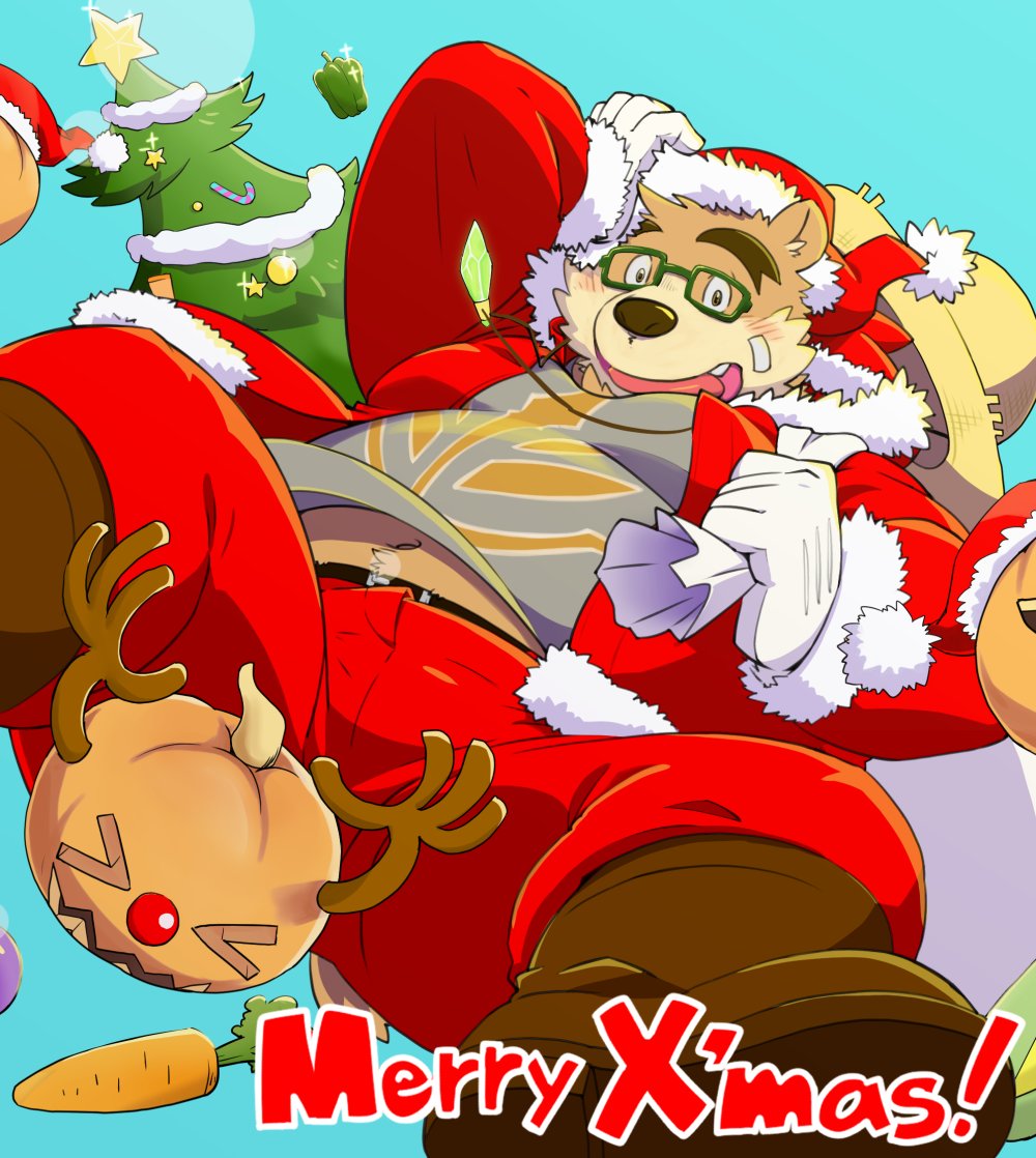 anthro bear belly blush boots brown_body brown_fur christmas christmas_clothing christmas_headwear christmas_tree clothing eyewear food footwear fruit fur glasses hat headgear headwear holidays kemono lifewonders male mammal n_gata21 overweight overweight_male plant pumpkin santa_hat solo tokyo_afterschool_summoners tree volos