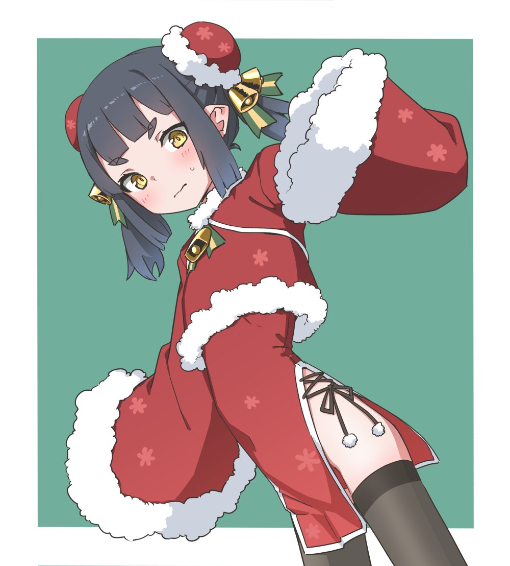 1girl akari_(raigou) bell blush china_dress chinese_clothes christmas double_bun dress fur_trim hair_bun original pointy_ears raigou red_dress sidelocks sleeves_past_wrists sweat thick_eyebrows thighhighs yellow_eyes