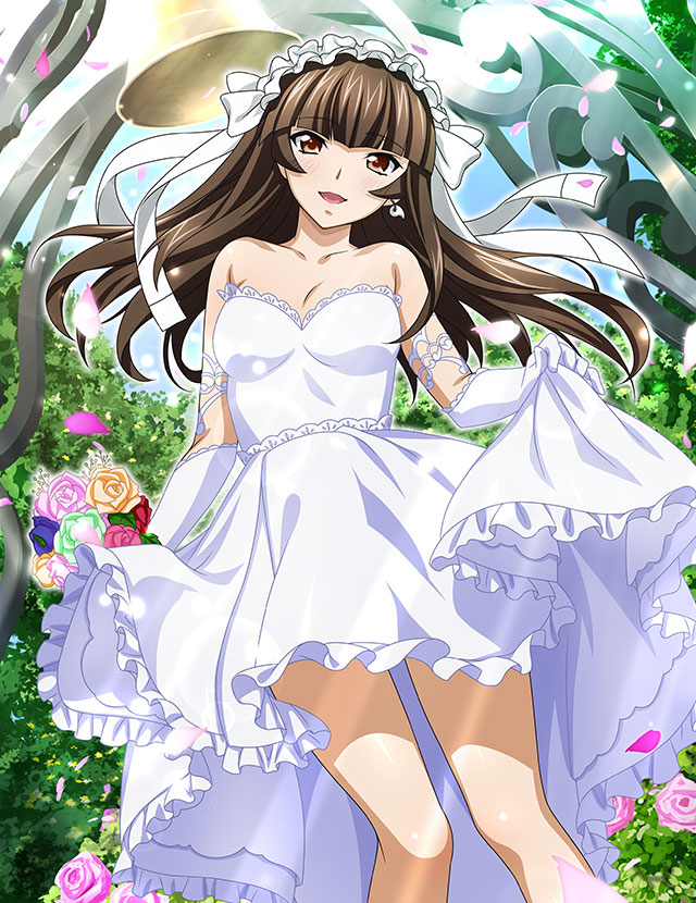 1girl :d bangs blunt_bangs blush bouquet bow breasts brown_eyes brown_hair cleavage collarbone dress earrings elbow_gloves floating_hair flower gloves green_flower hair_bow hair_ribbon holding holding_bouquet ikkitousen jewelry long_hair looking_at_viewer magatama magatama_earrings open_mouth petals pink_flower purple_flower red_flower ribbon shiny shiny_hair skirt_hold small_breasts smile solo standing strapless strapless_dress sunlight ten'i_(ikkitousen) wedding_dress white_bow white_dress white_gloves white_ribbon yellow_flower
