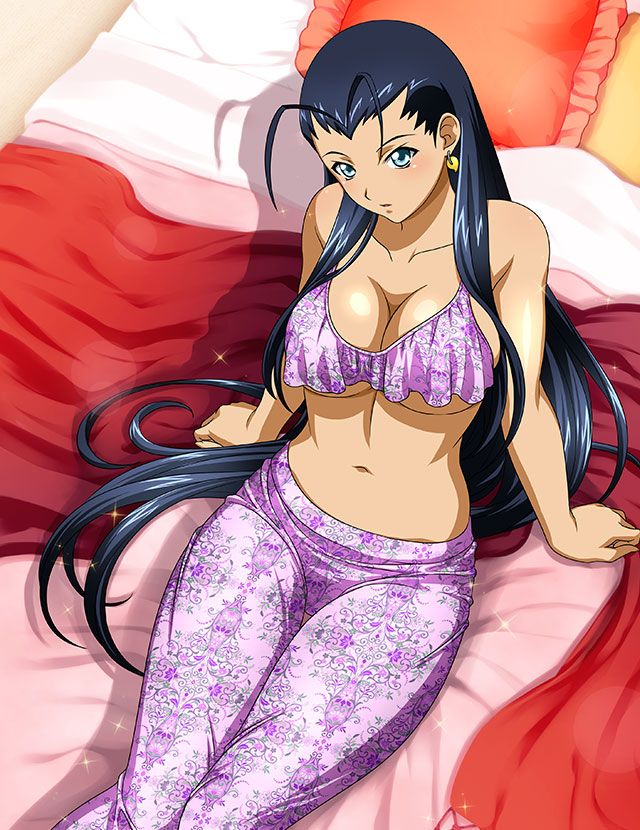 1girl alternate_costume antenna_hair bare_arms black_hair blue_eyes bra breasts cleavage collarbone earrings ikkitousen jewelry kakouen_myousai large_breasts long_hair magatama magatama_earrings midriff navel on_bed pants parted_lips pillow pink_bra pink_pants shiny shiny_hair sideboob sitting solo stomach straight_hair thigh_gap underboob underwear very_long_hair