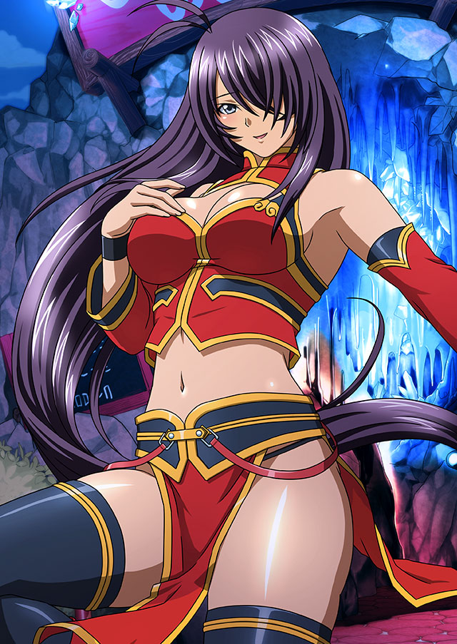 1girl alternate_costume black_thighhighs breasts cleavage cowboy_shot crop_top detached_sleeves floating_hair grey_eyes hair_over_one_eye ikkitousen kan'u_unchou large_breasts long_hair long_sleeves midriff navel open_mouth pelvic_curtain purple_hair red_sleeves shiny shiny_clothes shiny_hair shiny_legwear sideboob solo standing stomach thighhighs very_long_hair