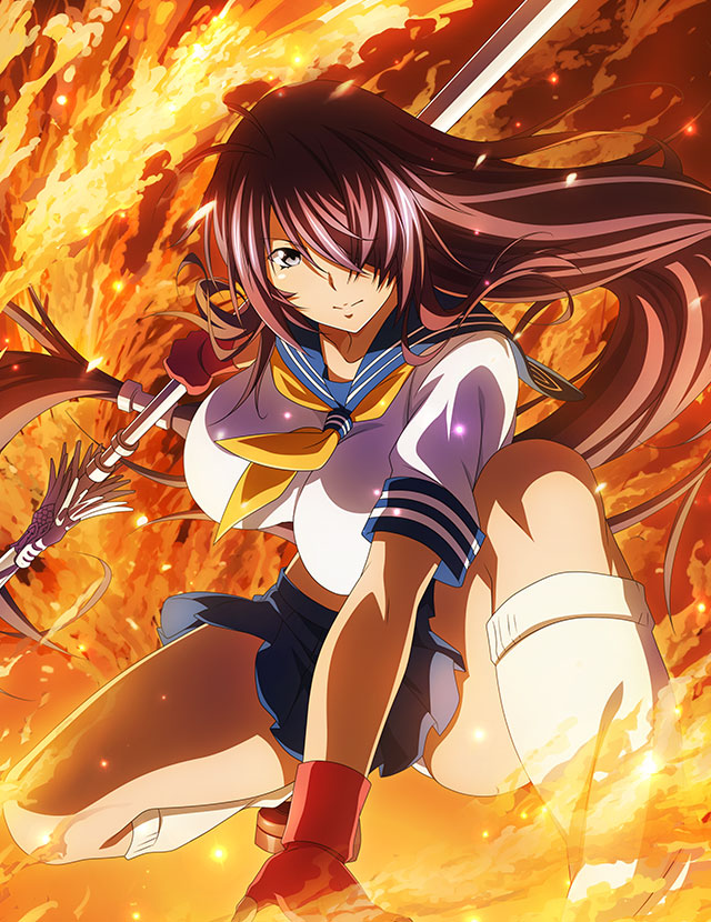 1girl blue_sailor_collar blue_skirt breasts breasts_apart brown_footwear brown_hair closed_mouth collared_shirt fingerless_gloves fire floating_hair gloves grey_eyes hair_over_one_eye holding holding_polearm holding_weapon ikkitousen impossible_clothes kan'u_unchou large_breasts loafers long_hair looking_at_viewer low-tied_long_hair midriff miniskirt neckerchief one_knee pleated_skirt polearm red_gloves sailor_collar sailor_shirt shiny shiny_hair shirt shoes short_sleeves skirt socks solo very_long_hair weapon white_shirt white_socks yellow_neckerchief