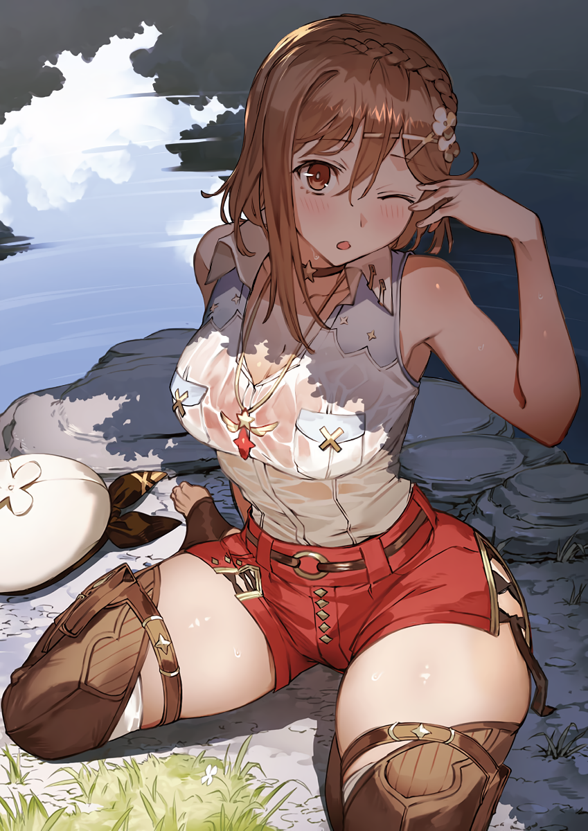 1girl atelier_(series) atelier_ryza atelier_ryza_3 bare_shoulders bra breasts brown_eyes brown_hair choker detexted highres jewelry looking_at_viewer medium_hair necklace official_art one_eye_closed red_shorts reisalin_stout see-through short_shorts shorts solo thick_thighs thighs third-party_edit toridamono underwear wet wet_clothes