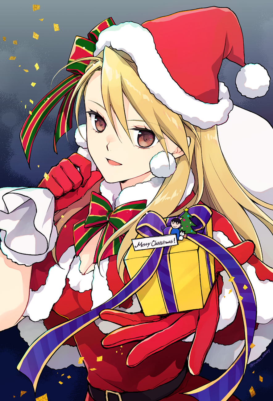 1girl :d alternate_costume bag bangs belt blonde_hair breasts brown_eyes chibi christmas christmas_present commentary dress earrings fullmetal_alchemist fur-trimmed_dress fur_trim gift gloves hair_ornament hat highres holding holding_bag holding_gift jewelry long_hair looking_at_viewer medium_breasts open_mouth red_dress red_headwear riza_hawkeye roy_mustang santa_dress santa_hat smile solo takafuji_yuna